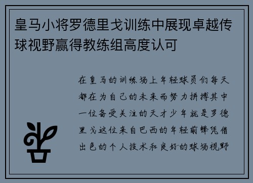 皇马小将罗德里戈训练中展现卓越传球视野赢得教练组高度认可